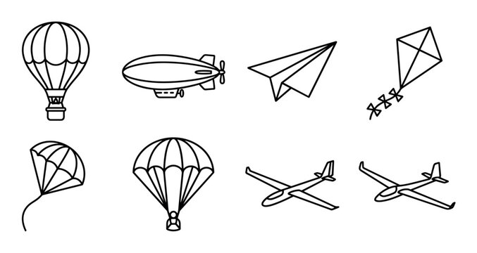 Hot air balloon, blimp, paper airplane, kite, paraglider, parachute, and glider vector icons representing various forms of air travel and recreation.