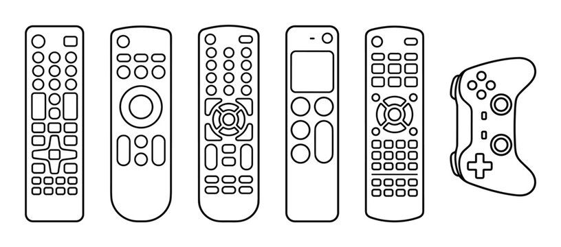Different remote controls and a game controller outline vector illustrations for controlling various electronic devices and gaming.