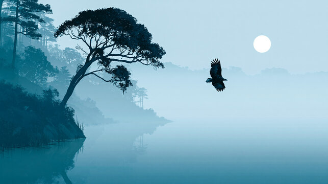 Large bird flying over calm misty lake with pine tree silhouette