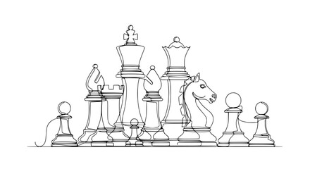 Chess Pieces Line Art - King, Queen, Rook, Bishop, Knight, Pawns - Strategic Game Drawing © Siap