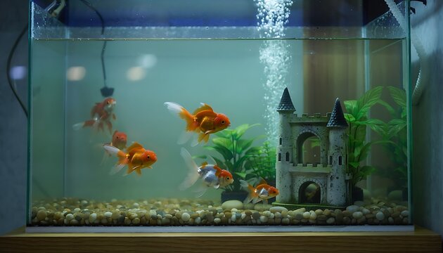 Goldfish swimming in an aquarium with a castle ornament.