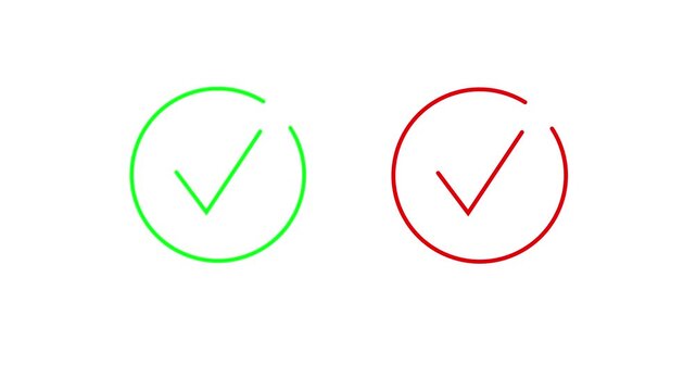 Minimalist animated green checkmark and red cross icons inside circles isolated on white background for correct wrong answer selection and quiz motion graphics and 4k video 