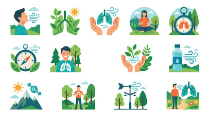 Fototapeta premium Set of illustrations representing healthy lungs and breathing exercises in nature.