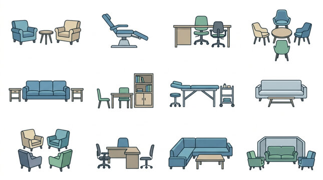 Collection of Furniture and Office Equipment Icons.