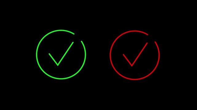 Minimalist animated green checkmark and red cross icons inside circles isolated on white background for correct wrong answer selection and quiz motion graphics and 4k video 