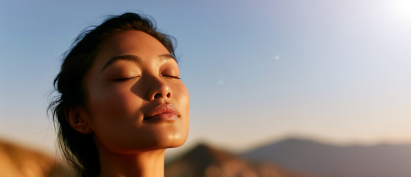 Peaceful Woman Portrait With Closed Eyes in Warm Golden Sunlight