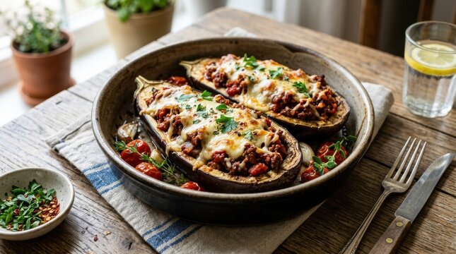 Baked stuffed eggplant halves with savory minced meat and melted cheese on a rustic wooden dining table in warm natural light, ideal for Mediterranean restaurant menu advertising.