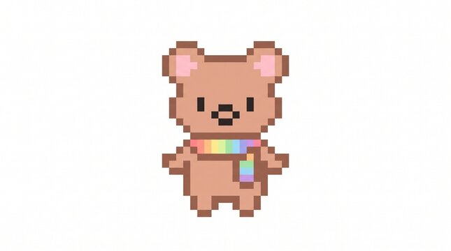 Kawaii Pixel Art Bear with Rainbow Scarf: Cute 8-Bit Pride Character