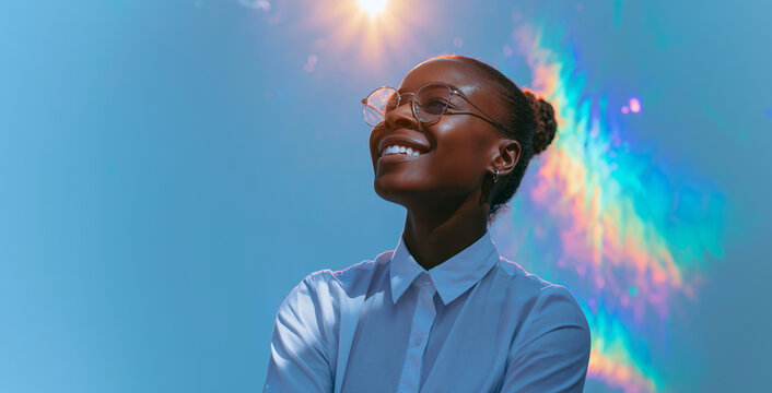 Smiling Businesswoman Portrait With Glasses and Colorful Blue Light