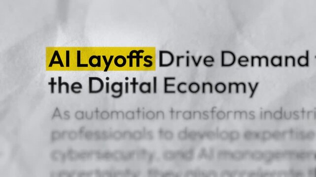 AI Layoffs Highlighted Text Animation for Artificial Intelligence Workforce Changes, Job Reductions, Automation Trends, Technology Industry News and Business Headlines. 2D Video Animation