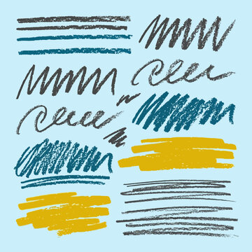 Textured crayon scribbles and hand drawn strokes on blue background