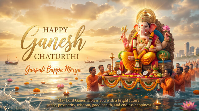 Lord Ganesha Idol Carried by Devotees for Immersion Ceremony at Sunset Waterfront Festival Greeting Banner
