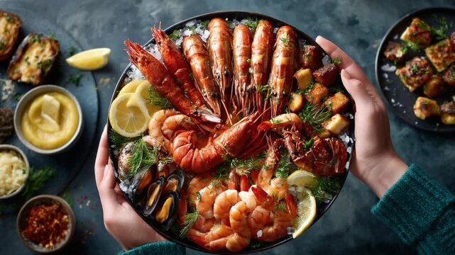 Gourmet Seafood Platter Extravaganza: A decadent spread of succulent prawns, lobster, mussels, and assorted seafood, artfully arranged on a large platter, promising an unforgettable culinary delight.