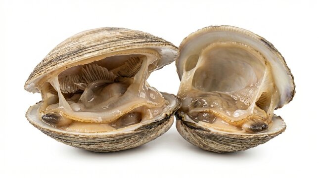 Two open raw clams on a white background