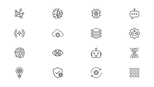 Machine learning and robotics vector icon collection with brain processor cloud network eye and security symbols design.