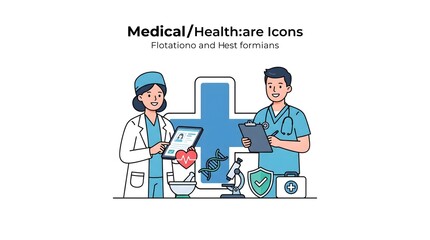 Naklejka premium Two healthcare professionals with medical icons on a clean white background.