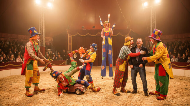 Circus Performers Engage in Comedic Slapstick Routine with Audience Interaction