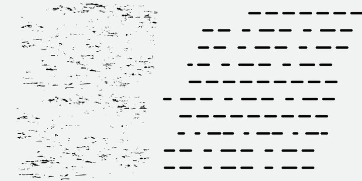 Abstract vector background with grunge scratch texture and dashed lines pattern, modern minimal black and white backdrop for template design