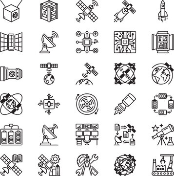 CubeSat Systems Line Vector Icon Pack for Small Satellite Technology, Aerospace Engineering, Enterprise UI and Infographic Design