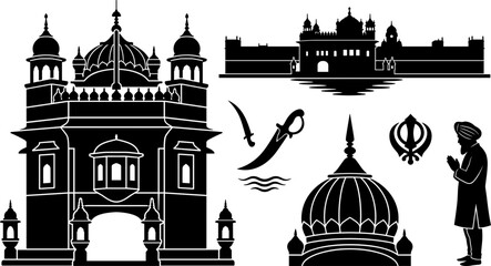 Sikh Gurdwara and Golden Temple Black Silhouette Set Featuring Harmandir Sahib Architecture, Khanda Symbol, Kirpan Sword, and Praying Man Vector Illustration © Mdsumon