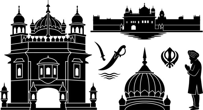 Sikh Gurdwara and Golden Temple Black Silhouette Set Featuring Harmandir Sahib Architecture, Khanda Symbol, Kirpan Sword, and Praying Man Vector Illustration