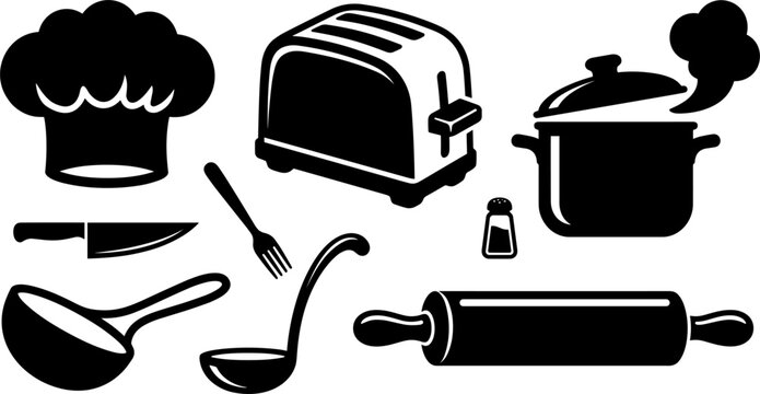 Kitchen Utensils and Cooking Equipment Black Silhouette Set Featuring Chef Hat Toaster Pot Knife Ladle Rolling Pin and Restaurant Icons Vector Illustration