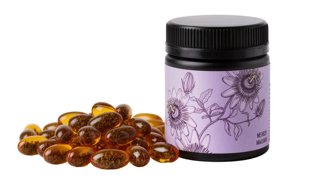 Isolated black jar with passion flower label and herbal supplement softgel capsules