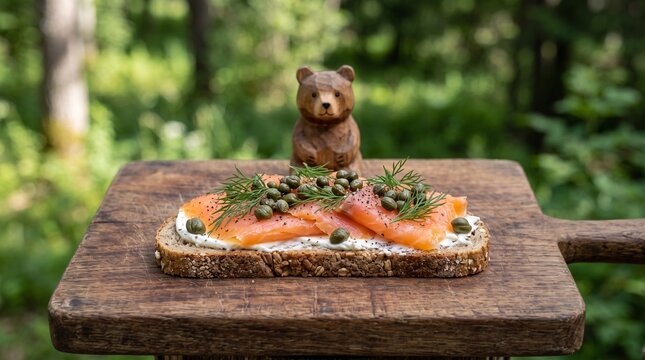 A gourmet smoked salmon toast with capers and dill served on a wooden board with a small bear figurine.