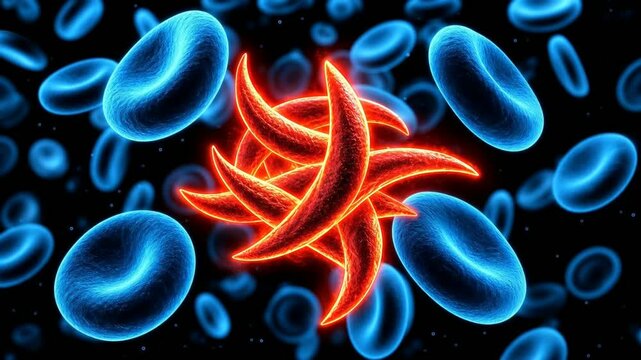 3D medical animation of a blue blood cell mutating into a glowing red sickle cell.