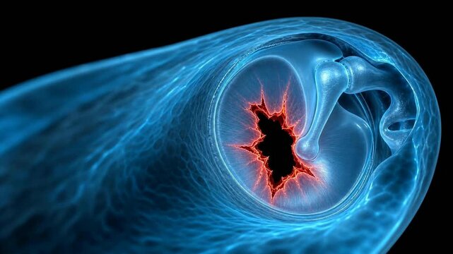 3D medical animation of a ruptured tympanic membrane tearing inside the ear canal.