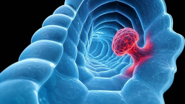 3D animation of a red cancer polyp growing on the wall of a blue colon during a medical scan.