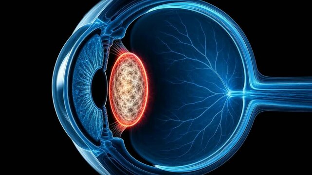 Medical 3D animation of cataract development inside a human eye lens, showing progressive clouding.