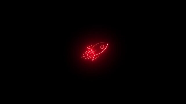 Rocket icon glowing in a bright red neon style floats centered against a pitch black background to symbolize rapid innovation, technological progress, modern spacecraft design, and future space.