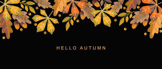 Abstract autumn background with beautiful leaves. Thanksgiving and harvest festival. Leaf fall horizontal banner. Vector illustration for the design of poster, card, cover, flyer, advertisement, print © Feodora_21