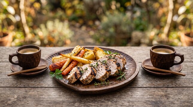 A delicious roasted chicken breast served with roasted vegetables and coffee on a rustic wooden table.