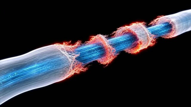 Medical animation showing nerve fiber demyelination and damaged myelin sheath