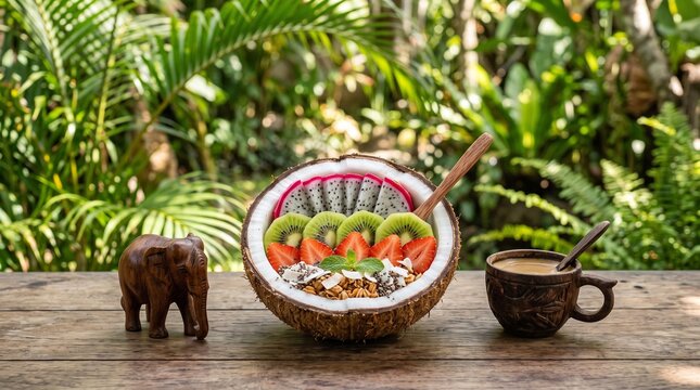 Healthy tropical smoothie bowl served in a coconut shell with fresh fruits on a wooden table.