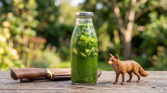 A glass bottle of fresh green vegetable smoothie with a toy fox and a knife on a wooden table outdoors.