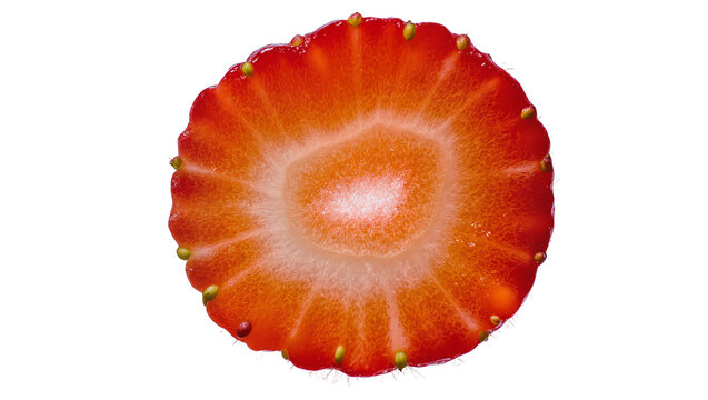 Isolated fresh red strawberry slice, detailed cross section showing fruit flesh and seeds