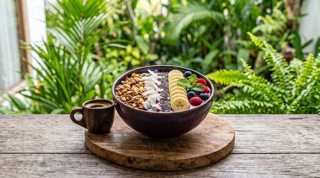 A healthy acai bowl with fresh fruit and granola served with a cup of coffee on a wooden table.