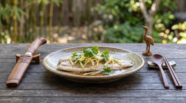 Steamed white fish fillet served with fresh ginger and cilantro on a ceramic plate.