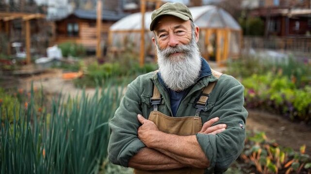 Seasoned Gardener's Pride: A wise, elderly gardener with a long white beard and a weathered cap beams with contentment amidst his flourishing vegetable garden.