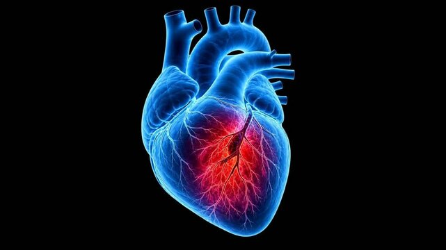 3D animation of a human heart with a glowing red heart attack area on black background.