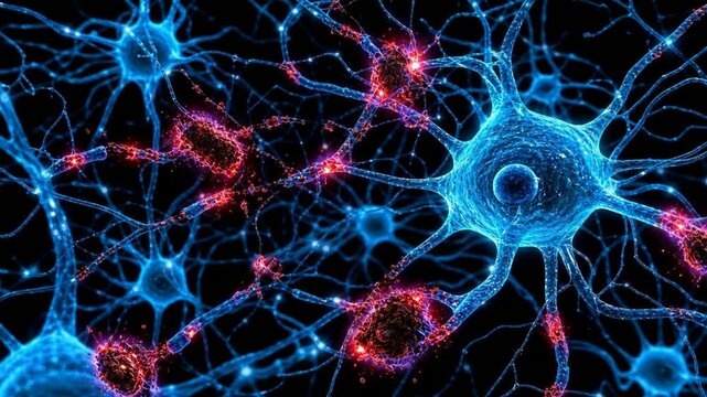 3D illustration of active brain neurons suffering from progressive disease and cellular damage with red inflammation spots. alzheimer