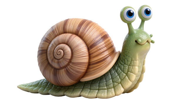 Isolated cute cartoon 3D snail character with big eyes and a detailed spiral shell