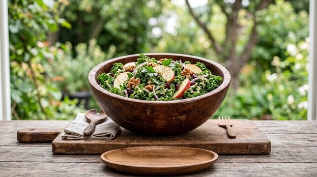 Fresh kale and apple salad served in a wooden bowl on a rustic table.