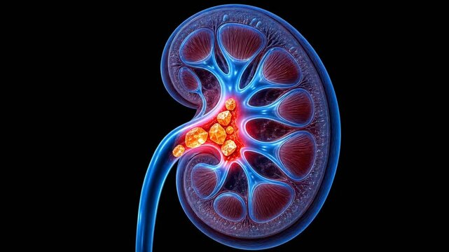 3D medical illustration of kidney stones forming and causing painful inflammation in the human renal pelvis.