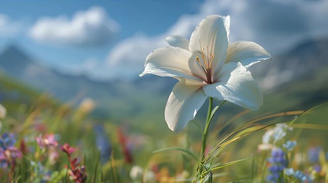 A single white lily in focus within a sun-drenched alpine meadow filled with wildflowers. Majestic mountains and a blue sky with fluffy clouds create a serene background.