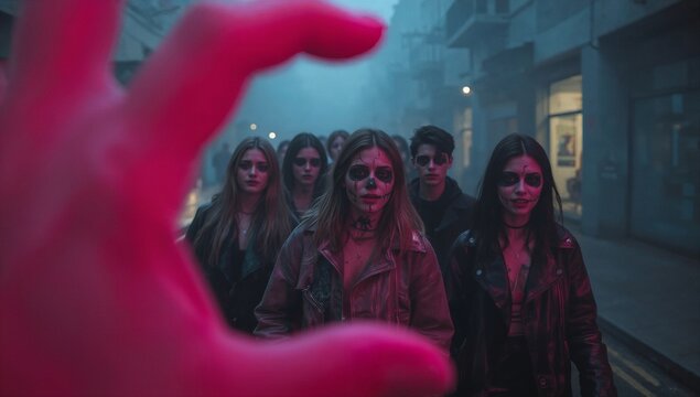 Diverse group in pop-zombie makeup walking down a misty cyberpunk street for Halloween.
