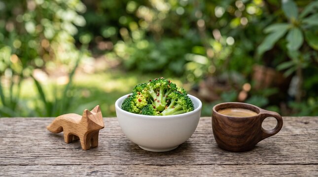 A white bowl of fresh broccoli florets next to a wooden coffee cup and a small carved fox figure on a rustic outdoor table.